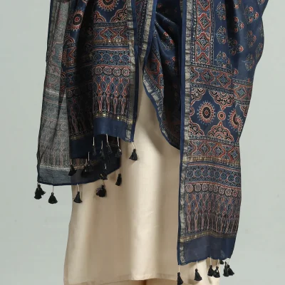BLUE - AJRAKH HAND BLOCK PRINTED CHANDERI SILK DUPATTA