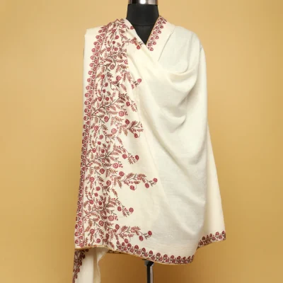 White Pure Pashmina Embroidered Shawl
