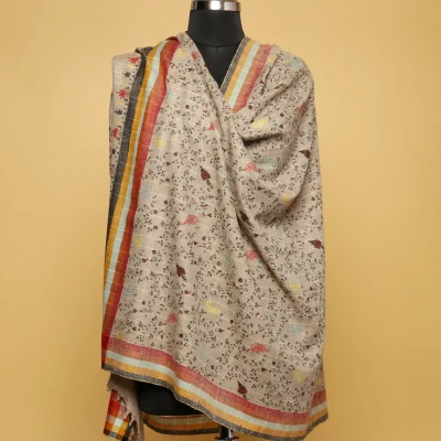 Light Grey Embroidered Pure Pashmina Shawl