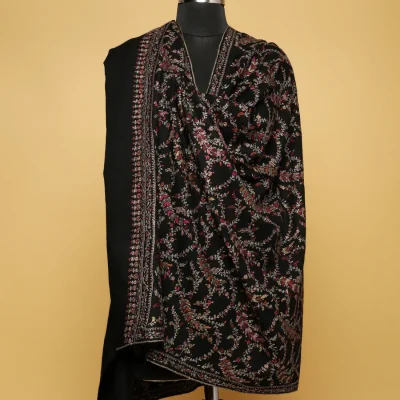Pearl Black Embroidered Pure Pashmina Shawl